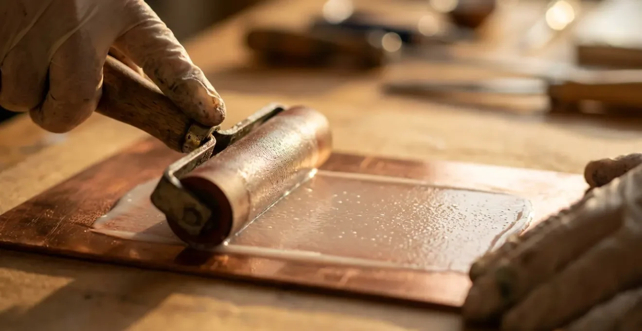 Close-up of hands using a brayer to apply acrylic ground to copper plate