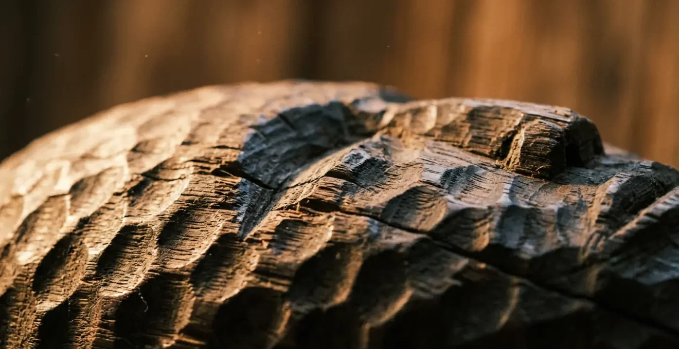 Macro photograph showing the faceted surface texture of traditional adze carving on an African mask
