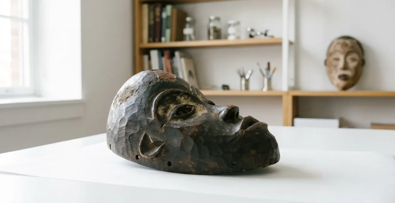 Expert examining an authentic African ceremonial mask under specialized lighting in a museum conservation laboratory