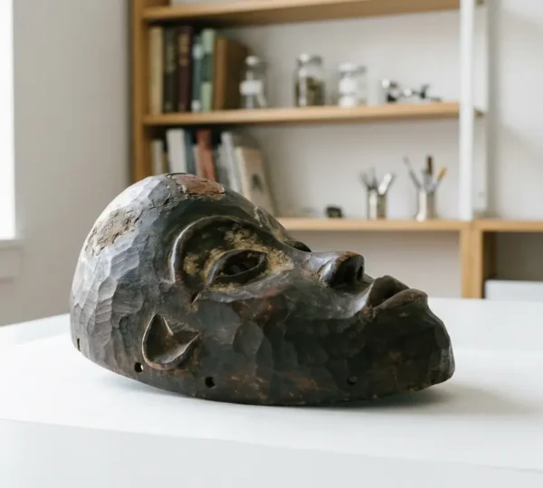 Expert examining an authentic African ceremonial mask under specialized lighting in a museum conservation laboratory