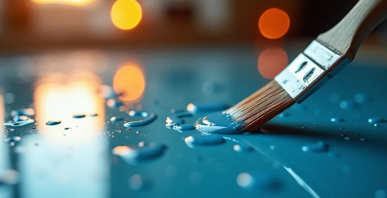 Macro shot of paint being mixed with alkyd medium on glass palette