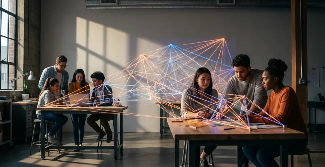 Young adults collaborating in modern creative workspace with abstract network connections visualized
