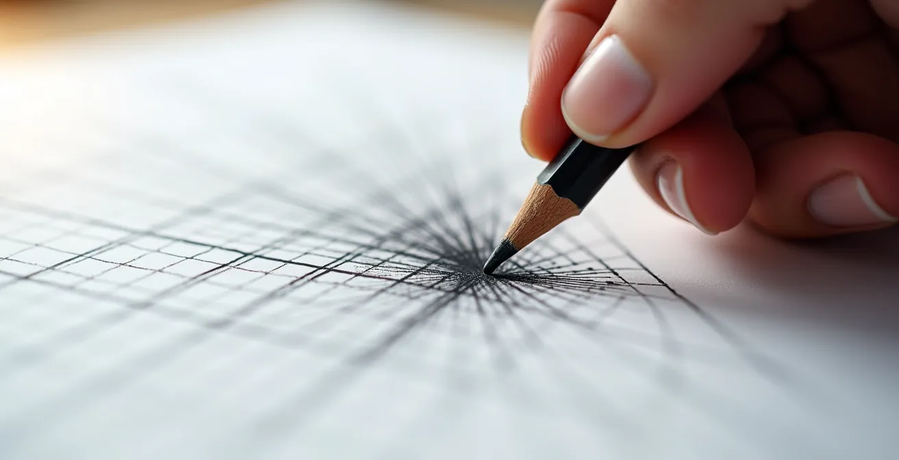 Split view showing regular grid transforming into stretched anamorphic grid with artist's hand drawing
