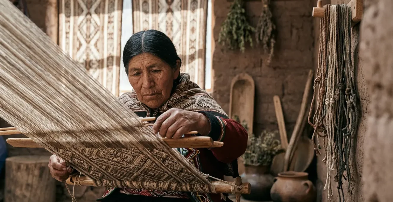 Ancient Andean weaver creating intricate textile with khipu cords alongside