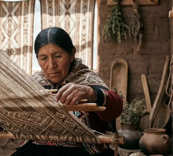 Ancient Andean weaver creating intricate textile with khipu cords alongside