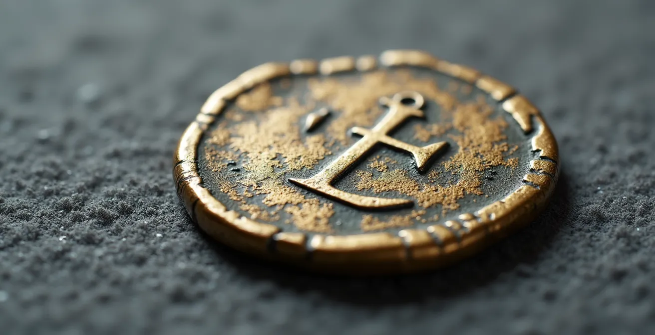 Extreme close-up of ancient coin surface showing authentication details