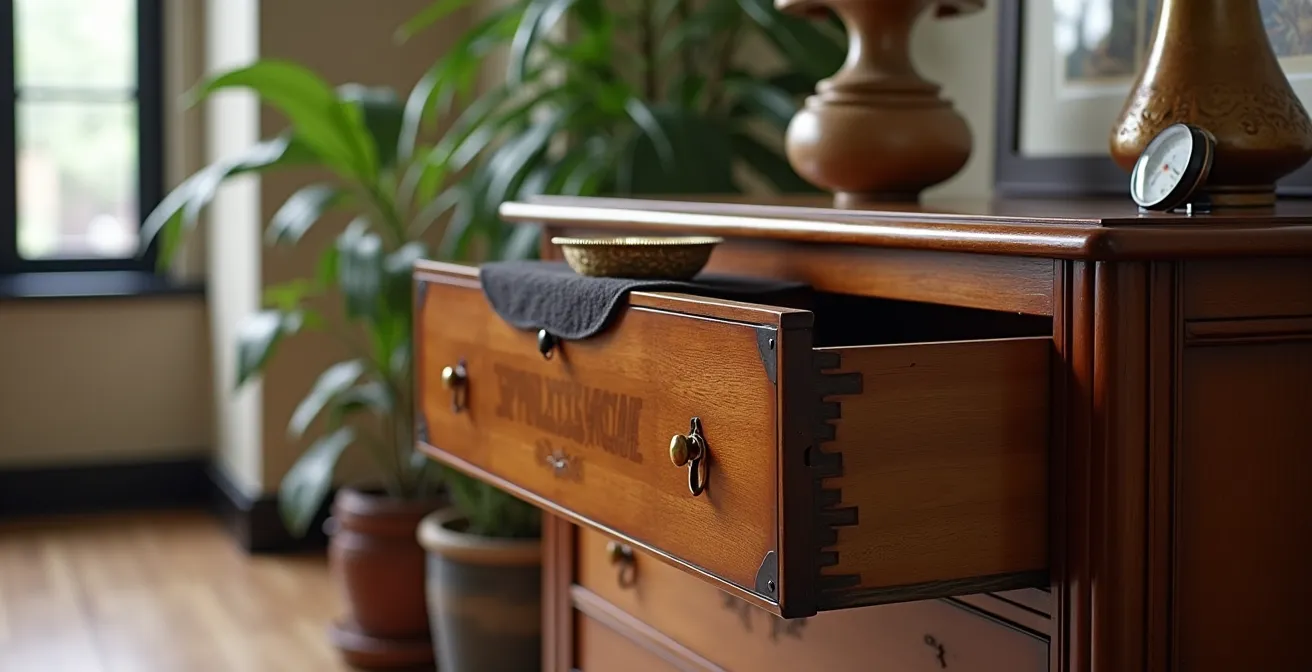 Period furniture piece in a modern interior with subtle humidity control elements, such as a bowl of water beads inside a drawer.