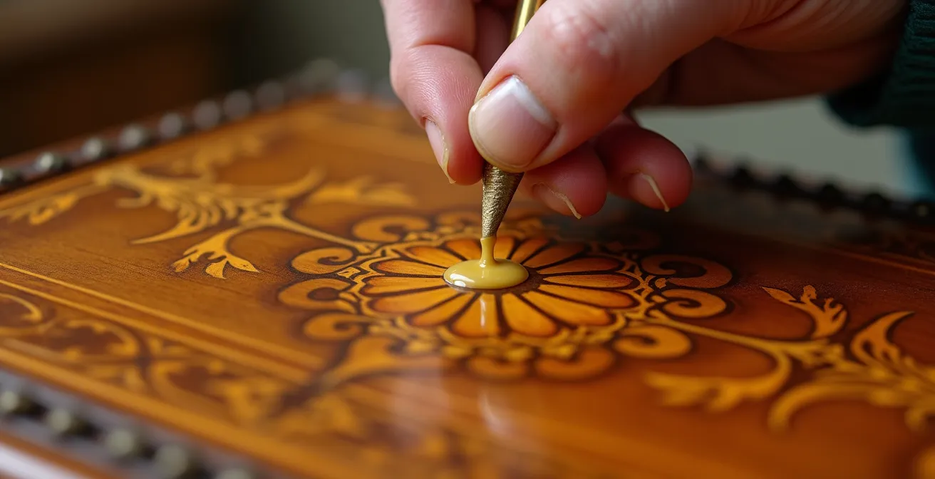 Close-up of traditional wax application on antique wood veneer