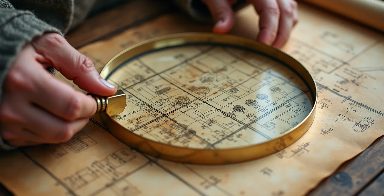 Architect studying historical architectural drawings with magnifying glass in natural light
