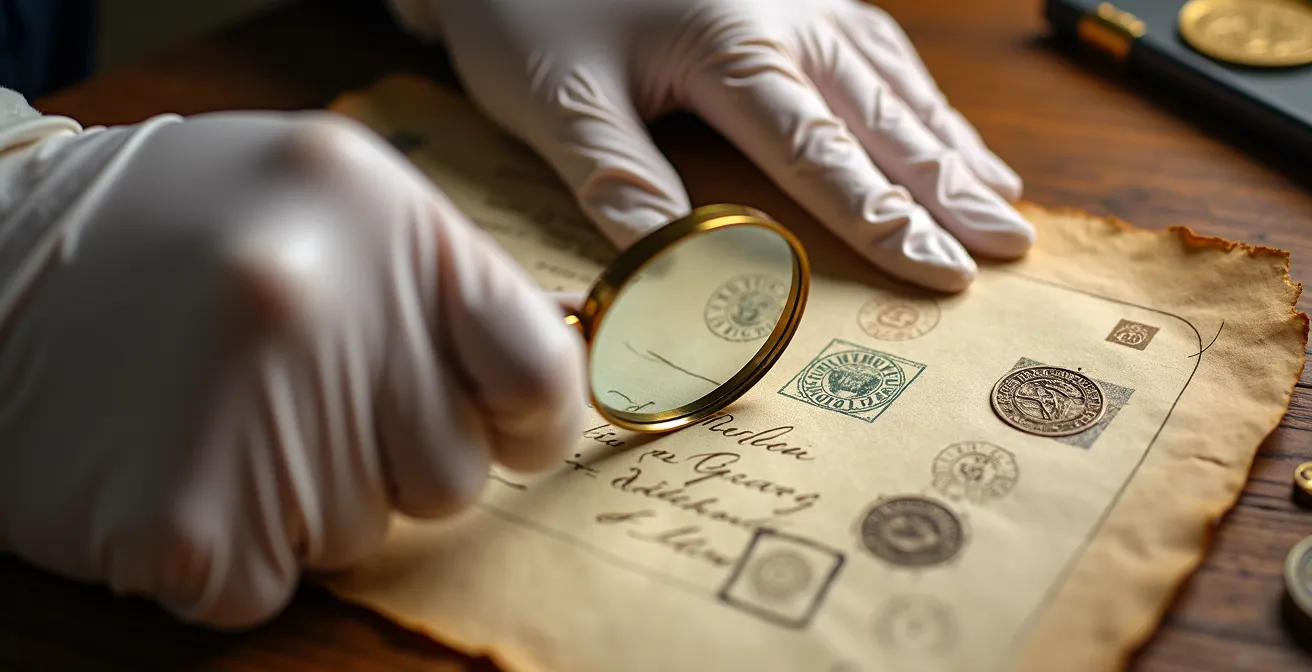 Archival research setup with magnifying glass examining vintage gallery documents