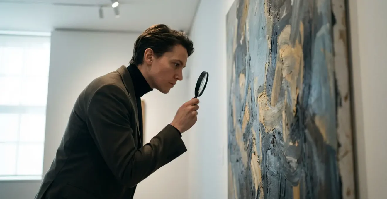 Art expert examining painting details with magnifying glass in professional gallery setting