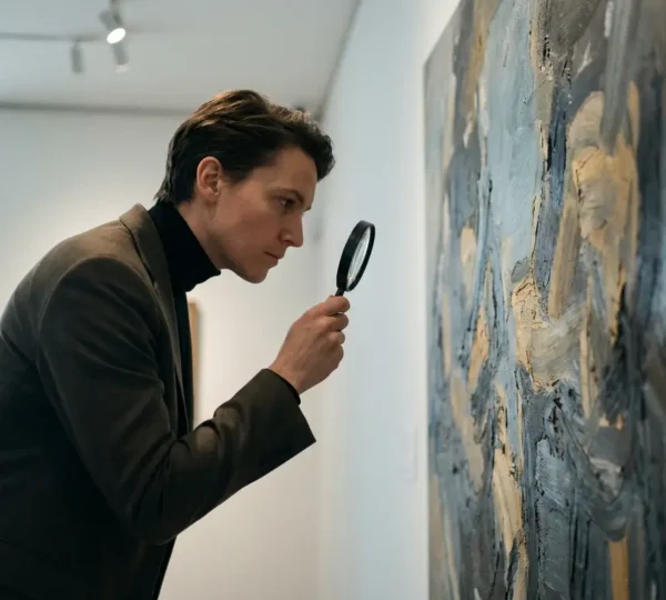 Art expert examining painting details with magnifying glass in professional gallery setting