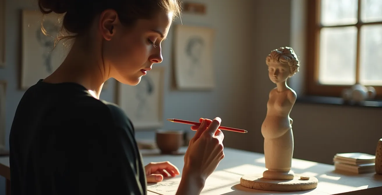 Artist studying sculpture from multiple viewpoints to check proportional accuracy