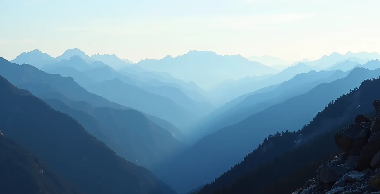 Mountain range showing progressive value shift from dark foreground to pale distant peaks