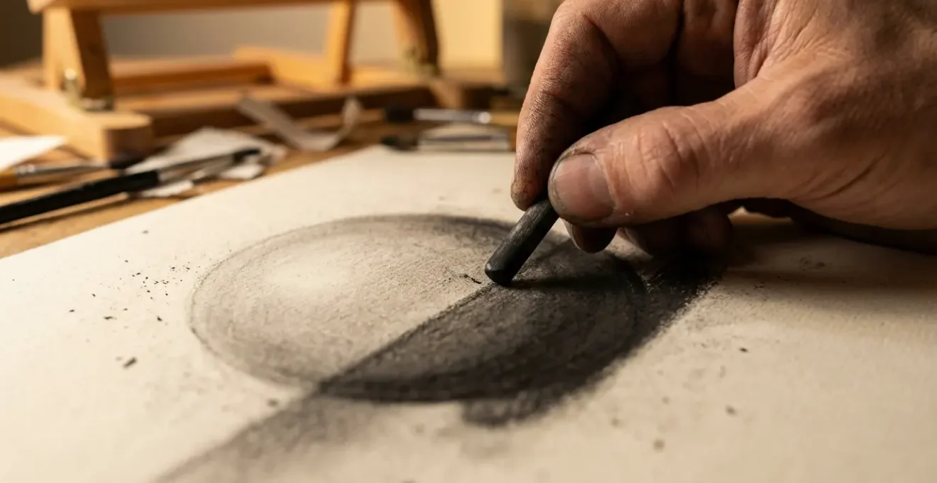 Close-up of artist's hand drawing the core shadow line on a sphere study with charcoal