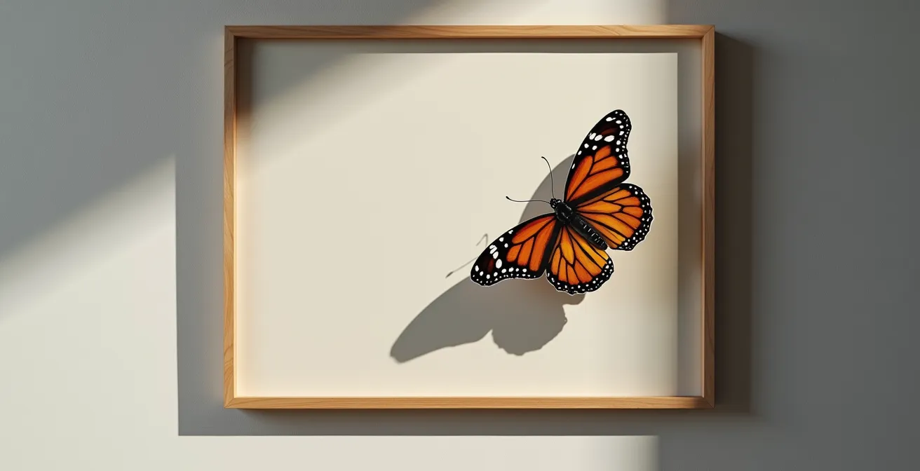 Painted butterfly appearing to rest on picture frame edge with cast shadow extending onto wall