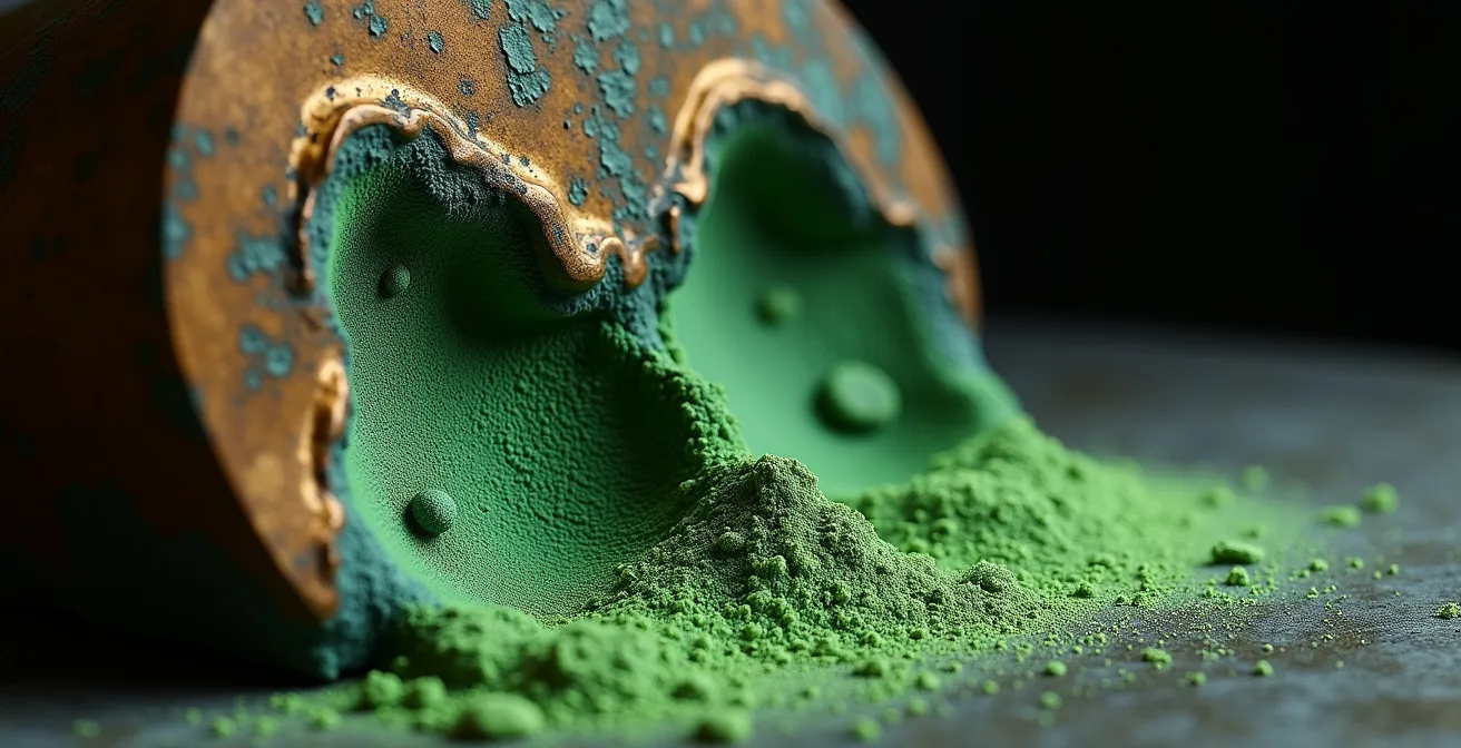 Close-up view of bronze surface showing green powdery bronze disease contamination patterns