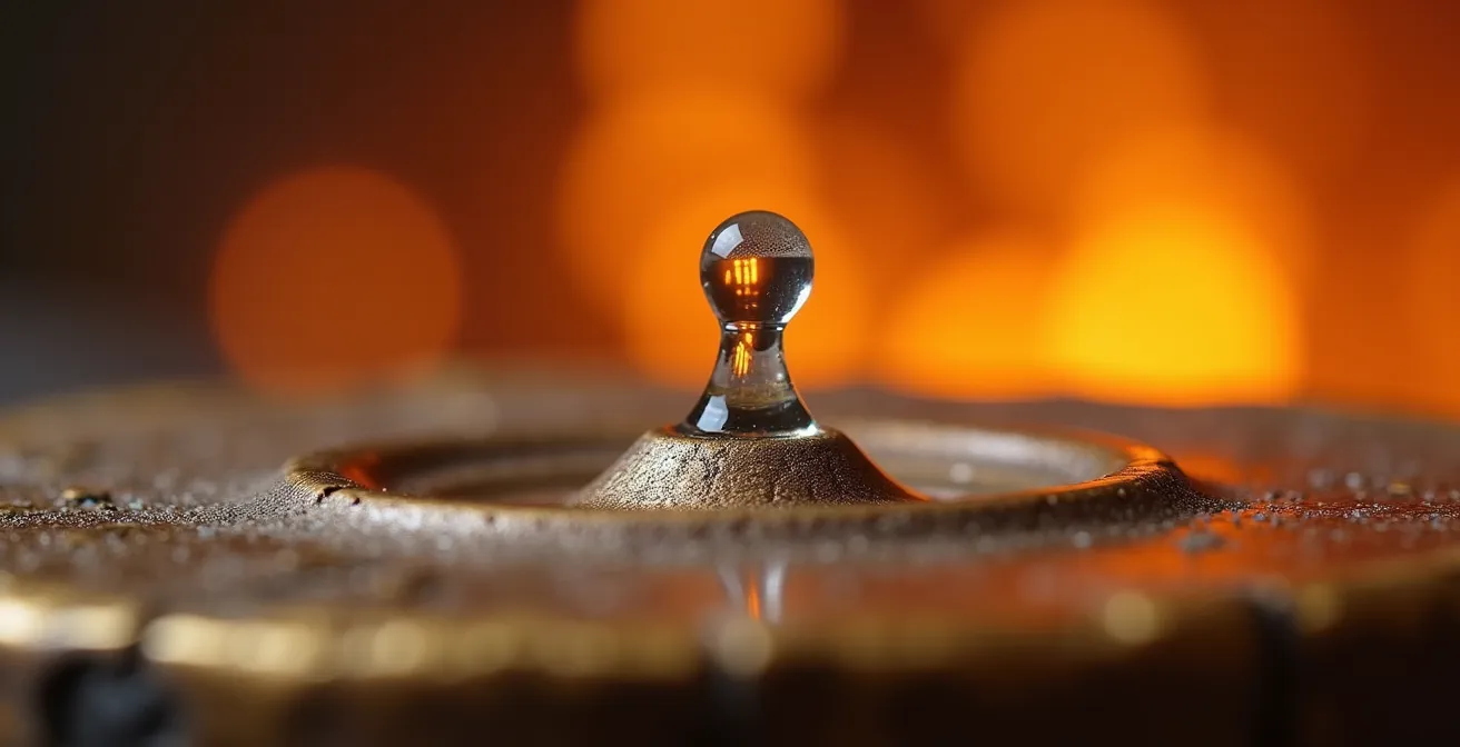 Extreme close-up of water droplet steaming on heated bronze surface showing proper temperature reaction