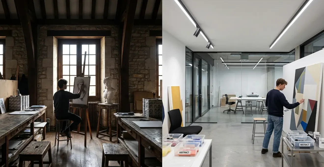 Split scene showing atelier student drawing from classical cast in traditional studio with north light versus university art student working in contemporary open studio