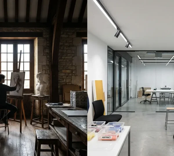 Split scene showing atelier student drawing from classical cast in traditional studio with north light versus university art student working in contemporary open studio