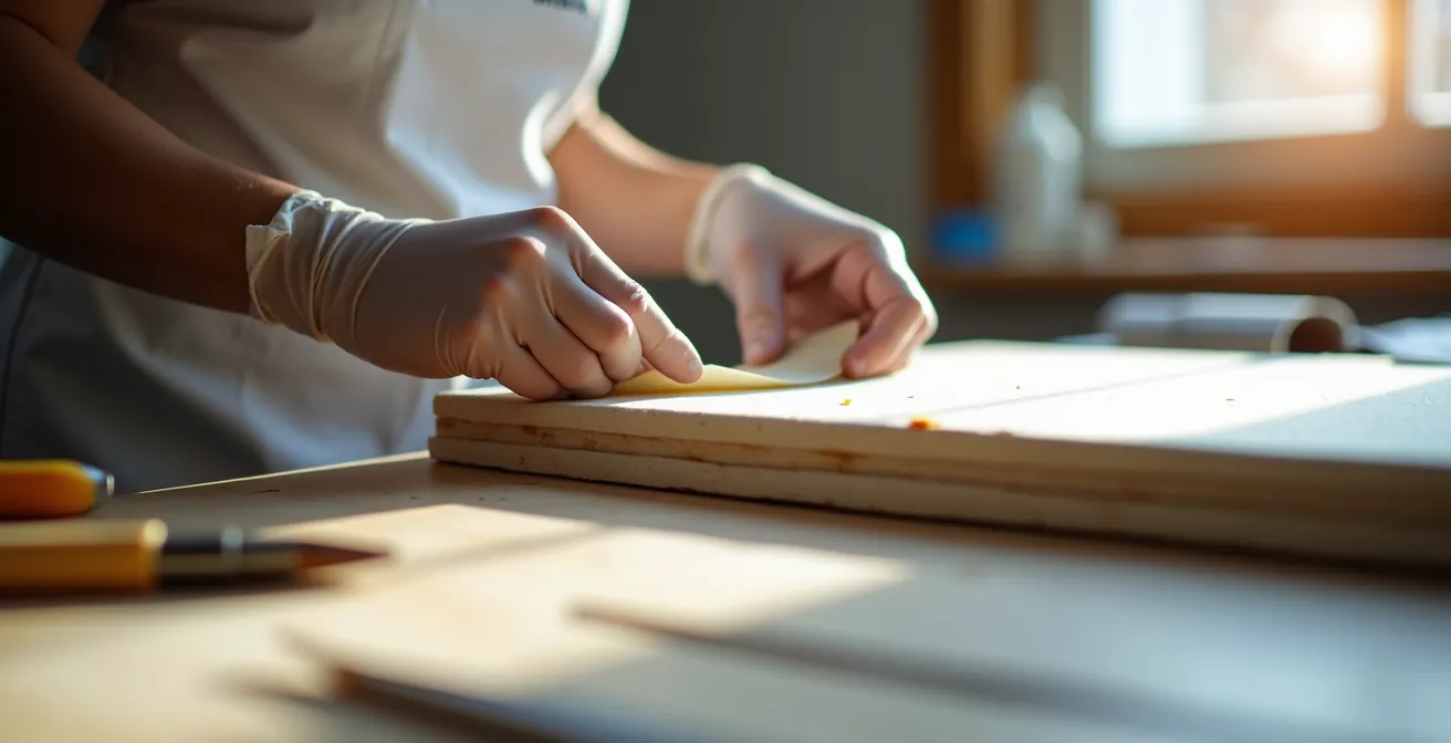 Conservation specialist carefully applying strip lining to reinforce canvas painting edges