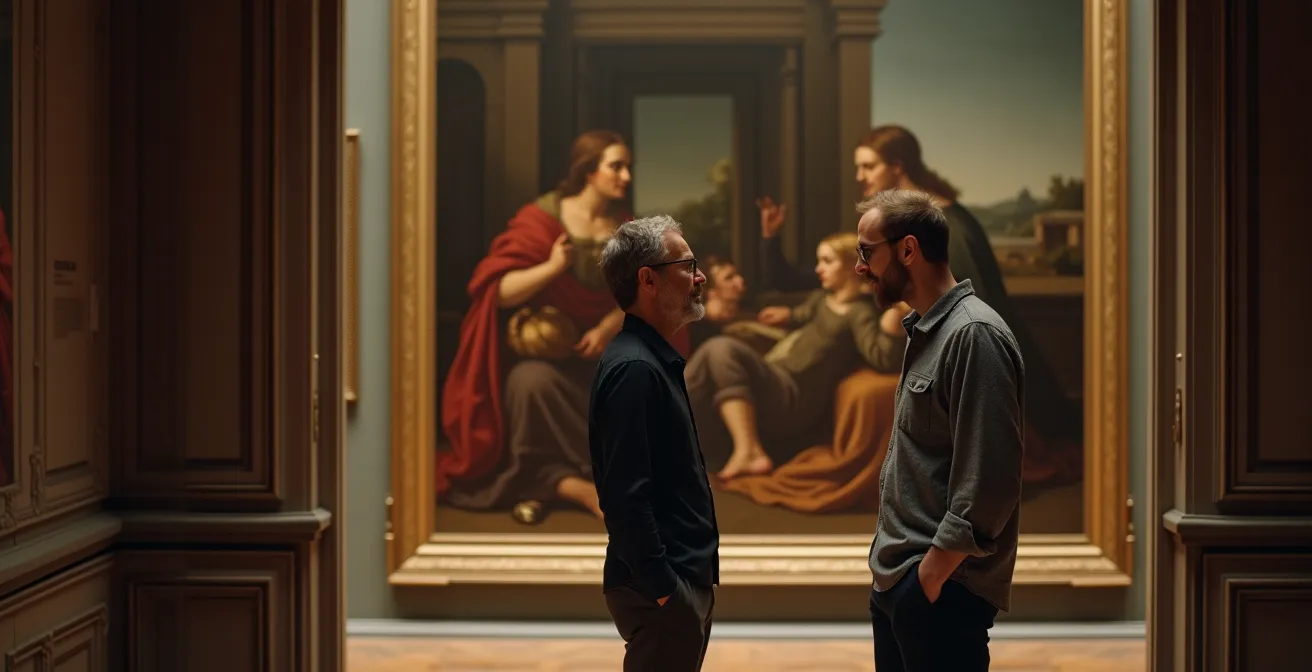 Contemporary artist figure examining Renaissance painting in ornate gallery setting