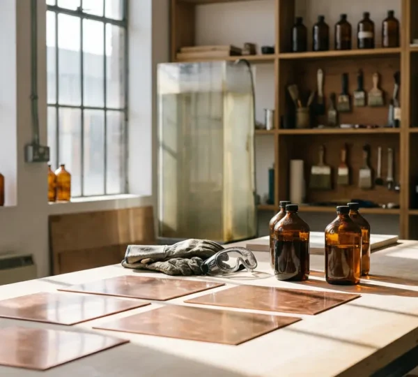 Artist working with copper etching plates in a ventilated workshop with safety equipment
