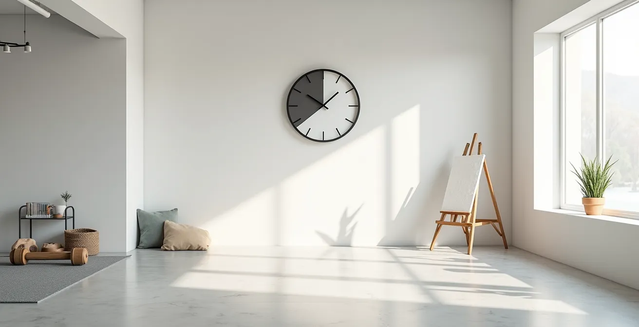 A split scene showing an athlete's minimalist training area on the left and an artist's studio on the right, with a clock on the wall segmenting the day into distinct phases.