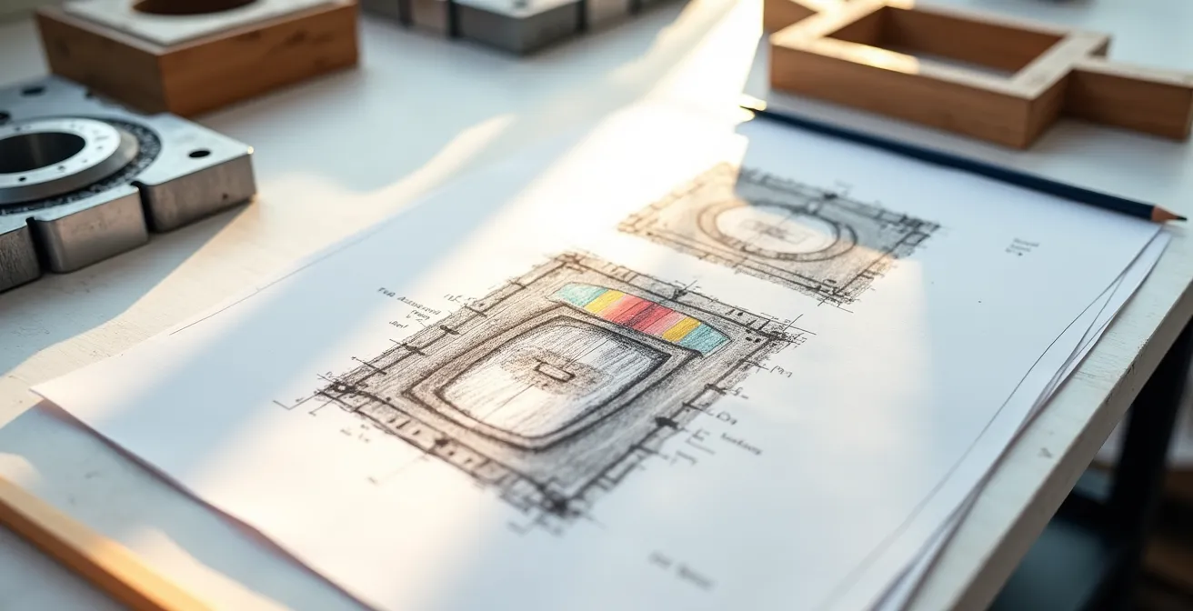 Cross-sectional view of cast metal part showing draft angles and wall thickness