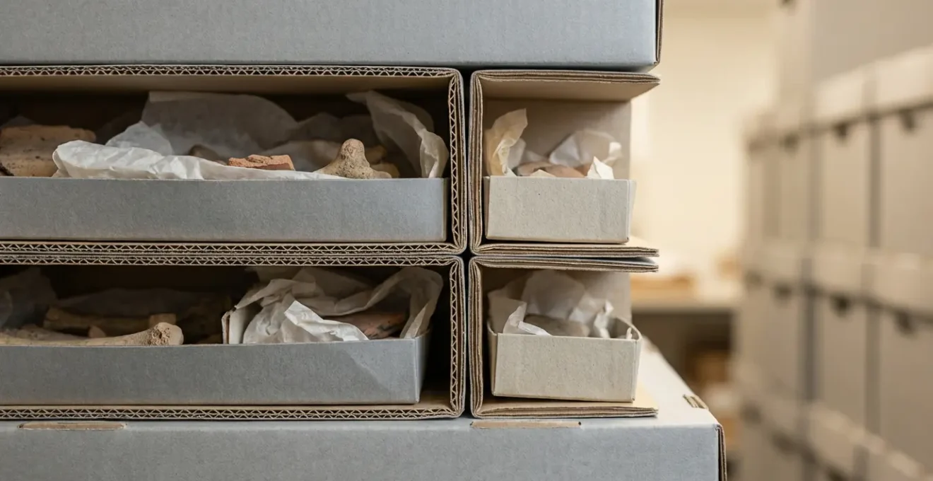 Macro close-up of custom-fitted archival storage boxes with nested compartments for small museum artifacts