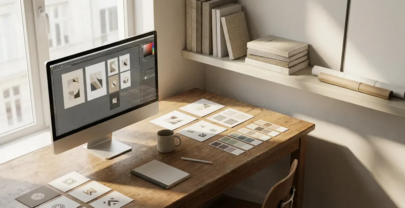 Designer workspace with multiple artboards displaying vector logos and color swatches