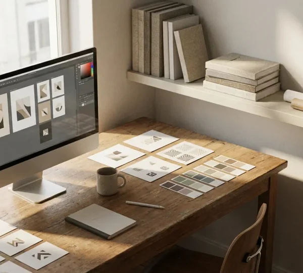 Designer workspace with multiple artboards displaying vector logos and color swatches