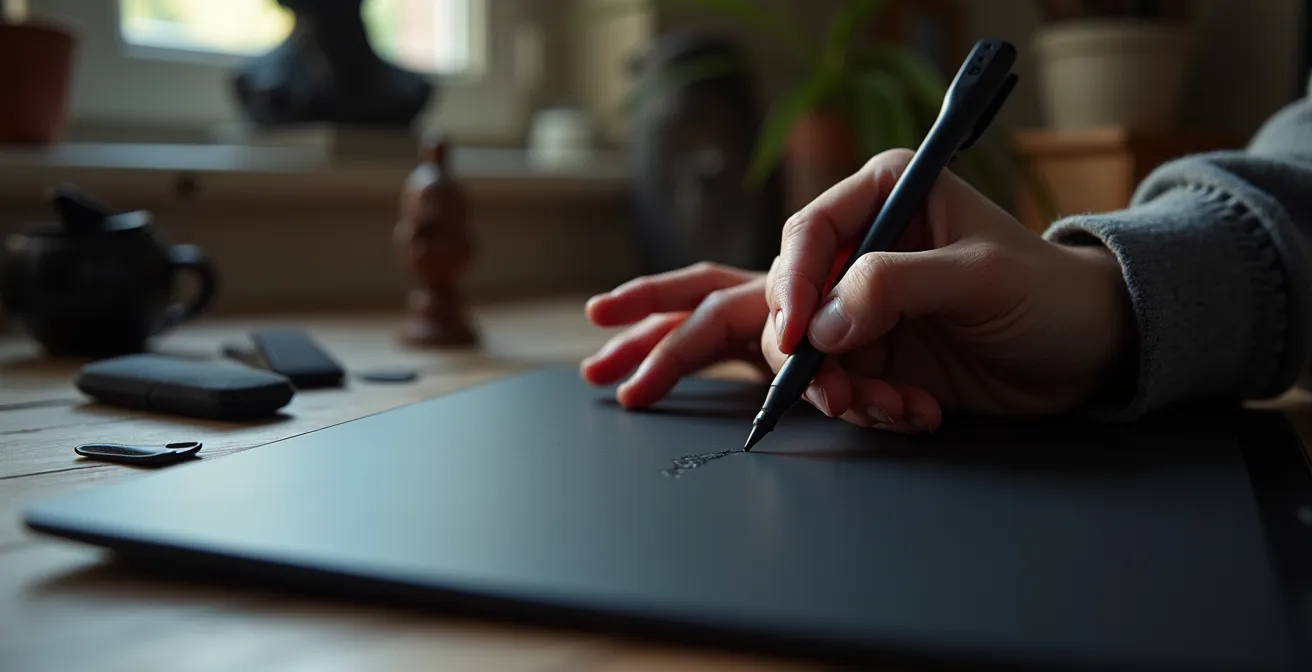Close-up of hands using digital pen on tablet to trace statue contours