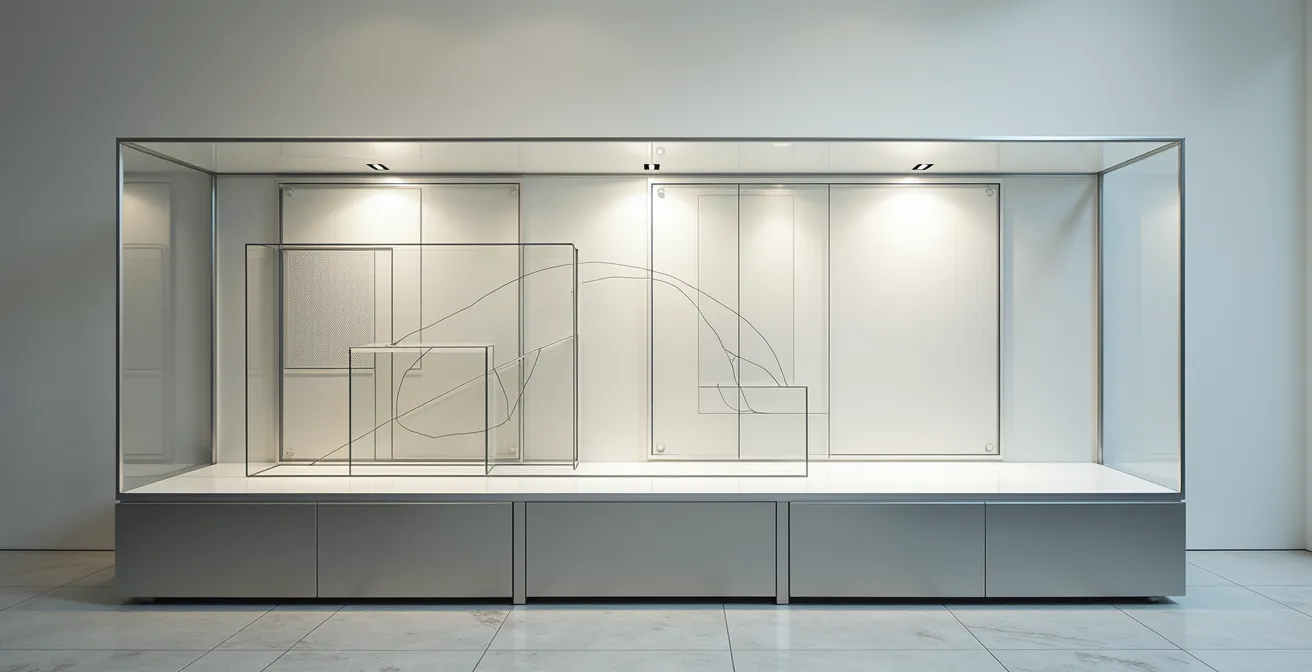 Cross-section view of museum display case showing hidden silica gel compartments beneath artifacts