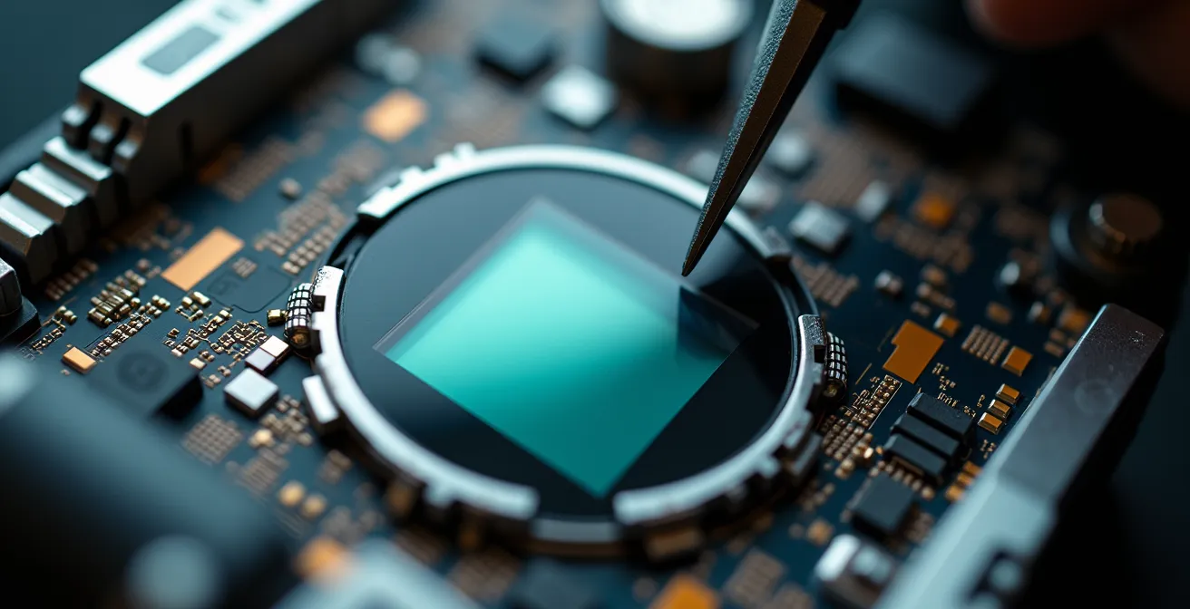 Macro view of DSLR camera sensor modification for infrared photography