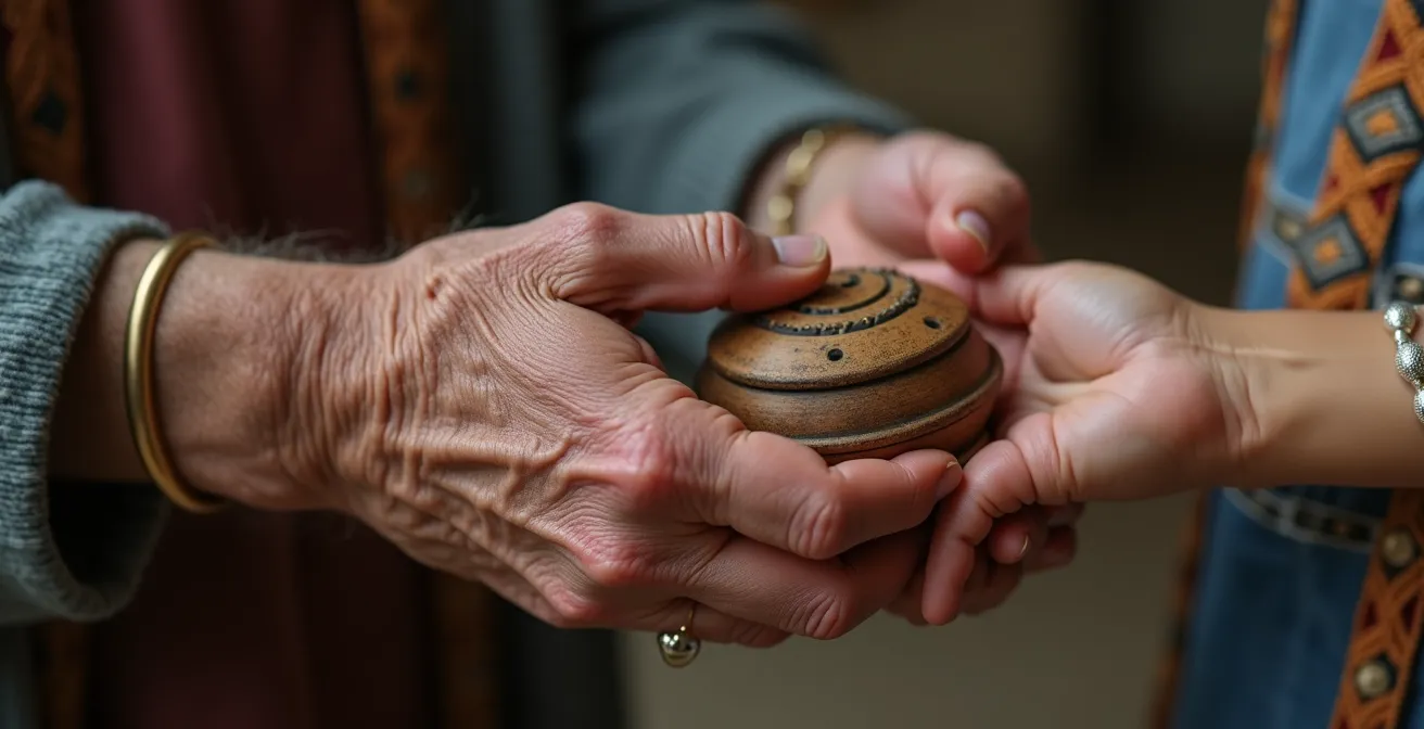 Weathered hands of an elder gently guiding a young conservator's hands while examining a traditional cultural object