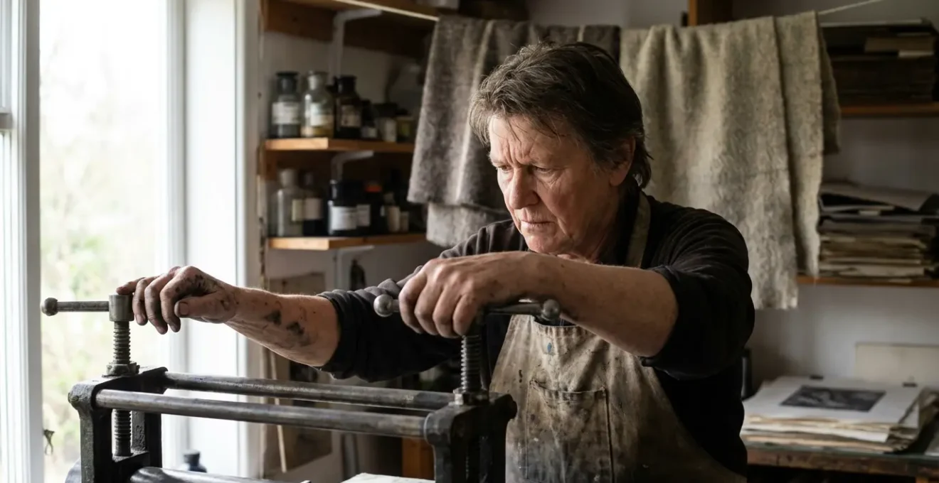 Master printmaker calibrating an etching press with precision tools