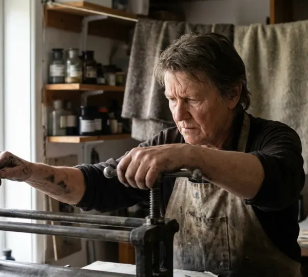 Master printmaker calibrating an etching press with precision tools