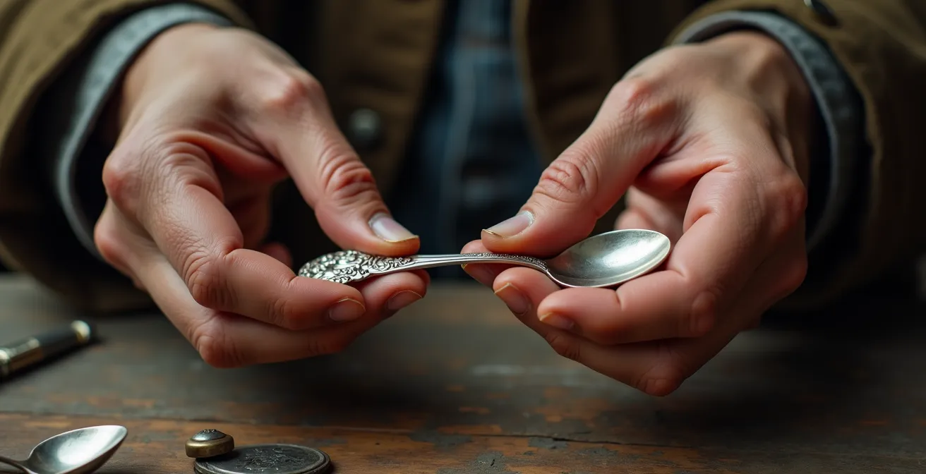 Hands examining hallmarks on antique silver with magnifying glass