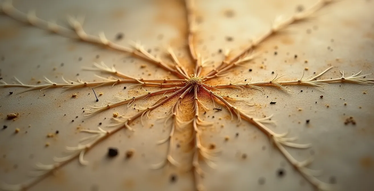 Extreme close-up of delicate ancient manuscript fibers showing intricate texture and age patterns