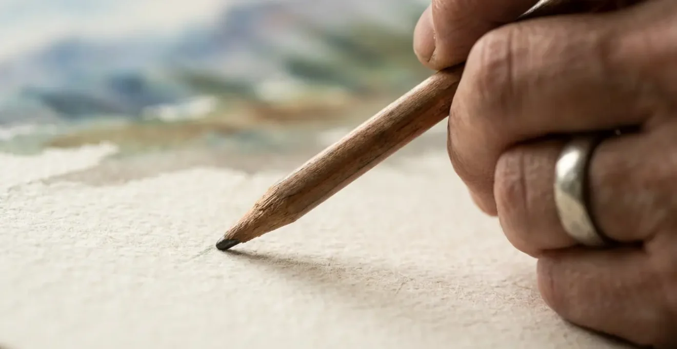 Close-up of artist's hands signing a fine art print with traditional placement markers