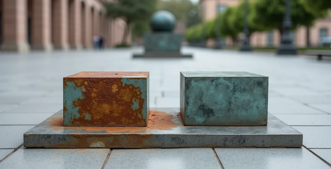 A split-view image showing a corroded bronze sculpture base on the left where it contacts steel, and a clean, protected base on the right using nylon isolation washers.