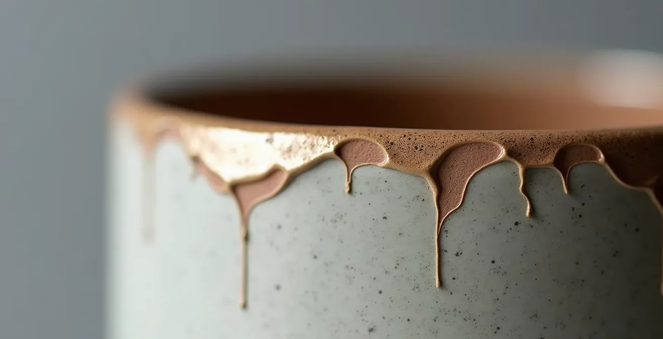 Extreme close-up of ceramic glaze shivering defect on pottery rim