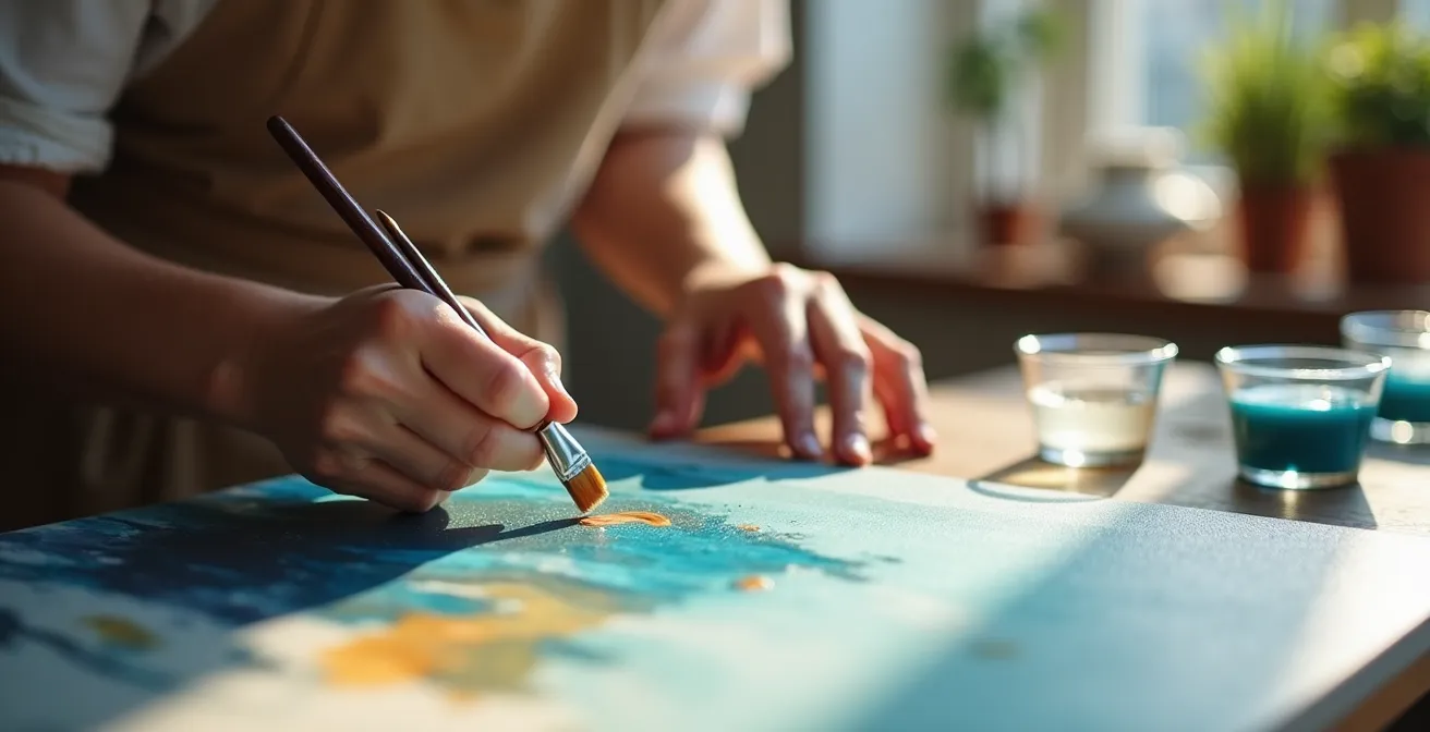 Cross-section view of multiple glaze layers in oil painting showing transparency