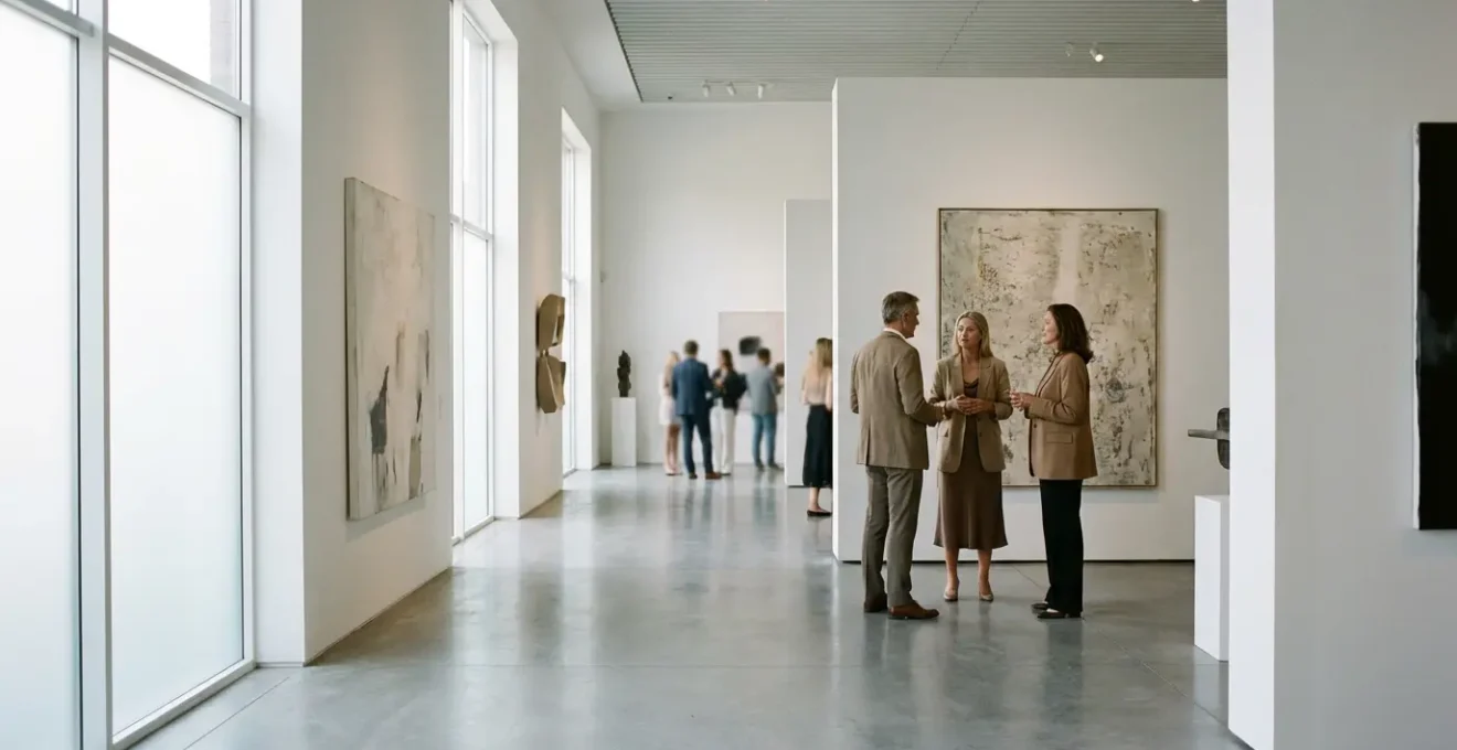 Collectors examining artworks at a graduate degree art show with natural gallery lighting