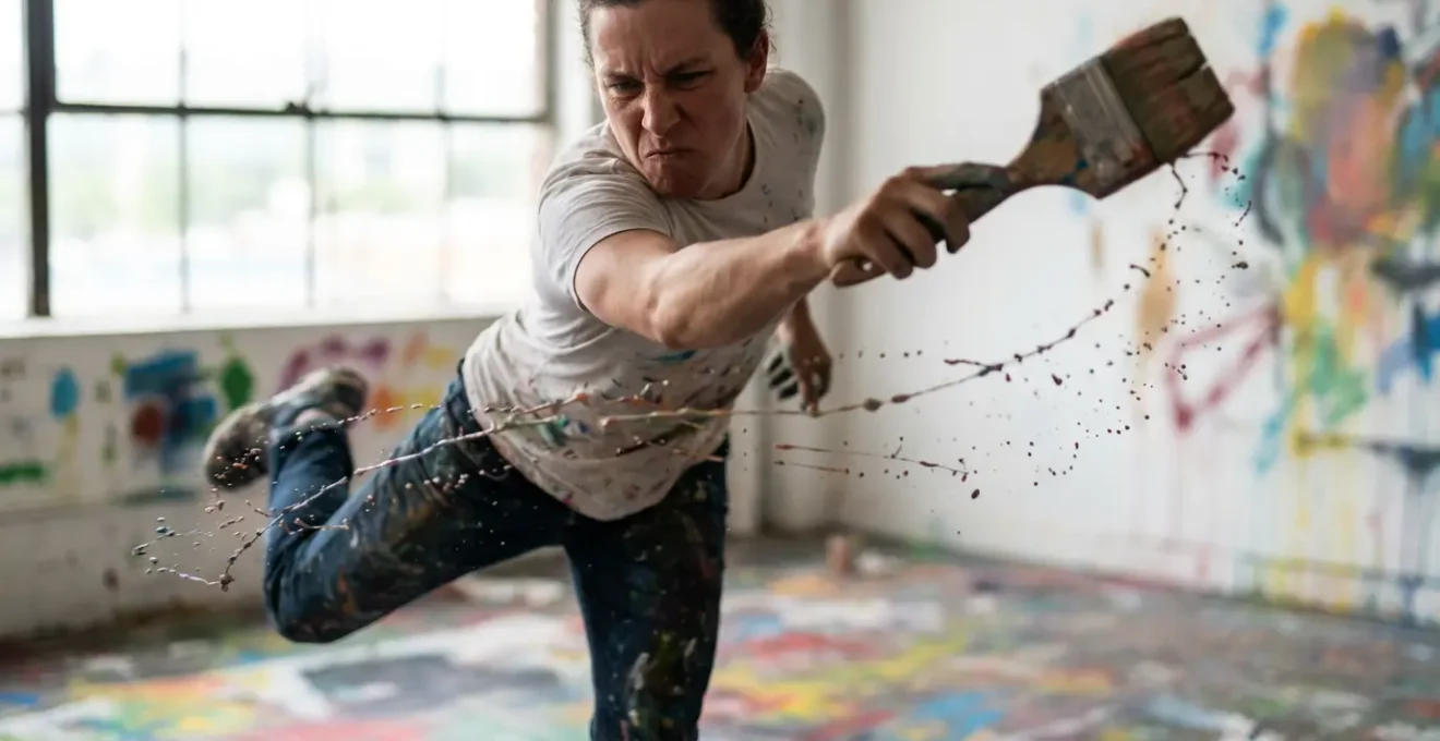 Artist demonstrating full-body painting technique with visible kinetic energy flowing from their core through their arm to the canvas.