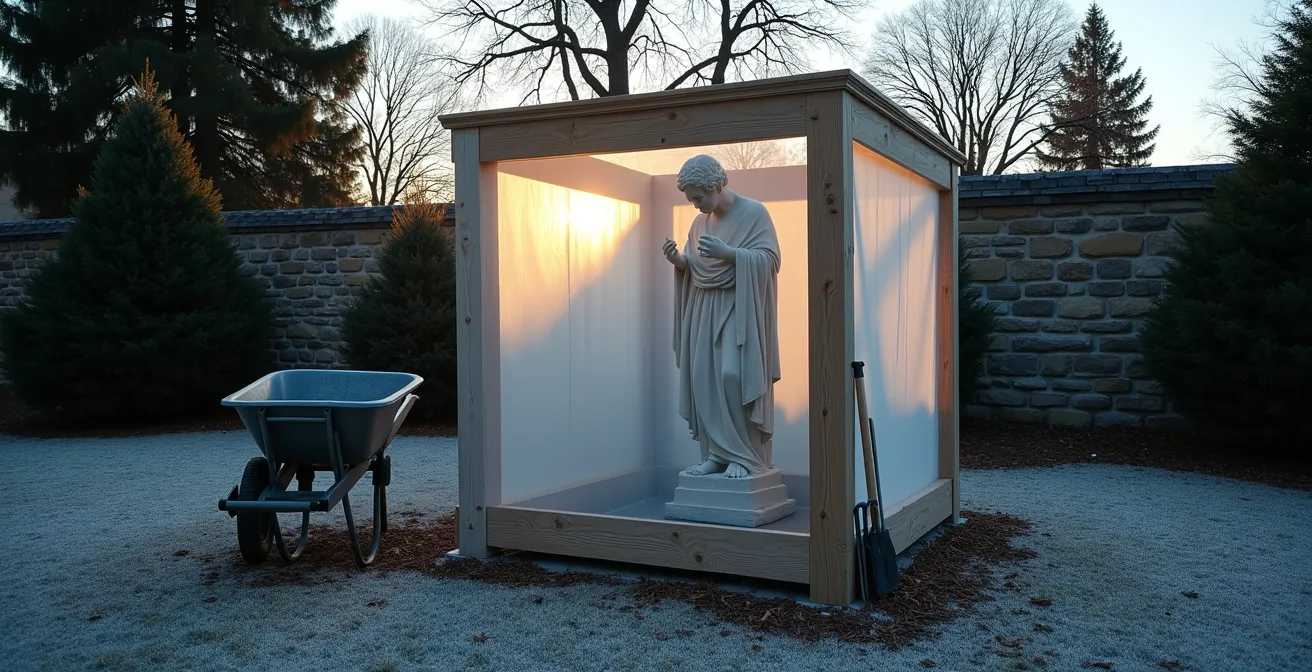 A garden statue properly protected for winter with a wooden frame and a breathable protective covering, demonstrating the crucial air gap.