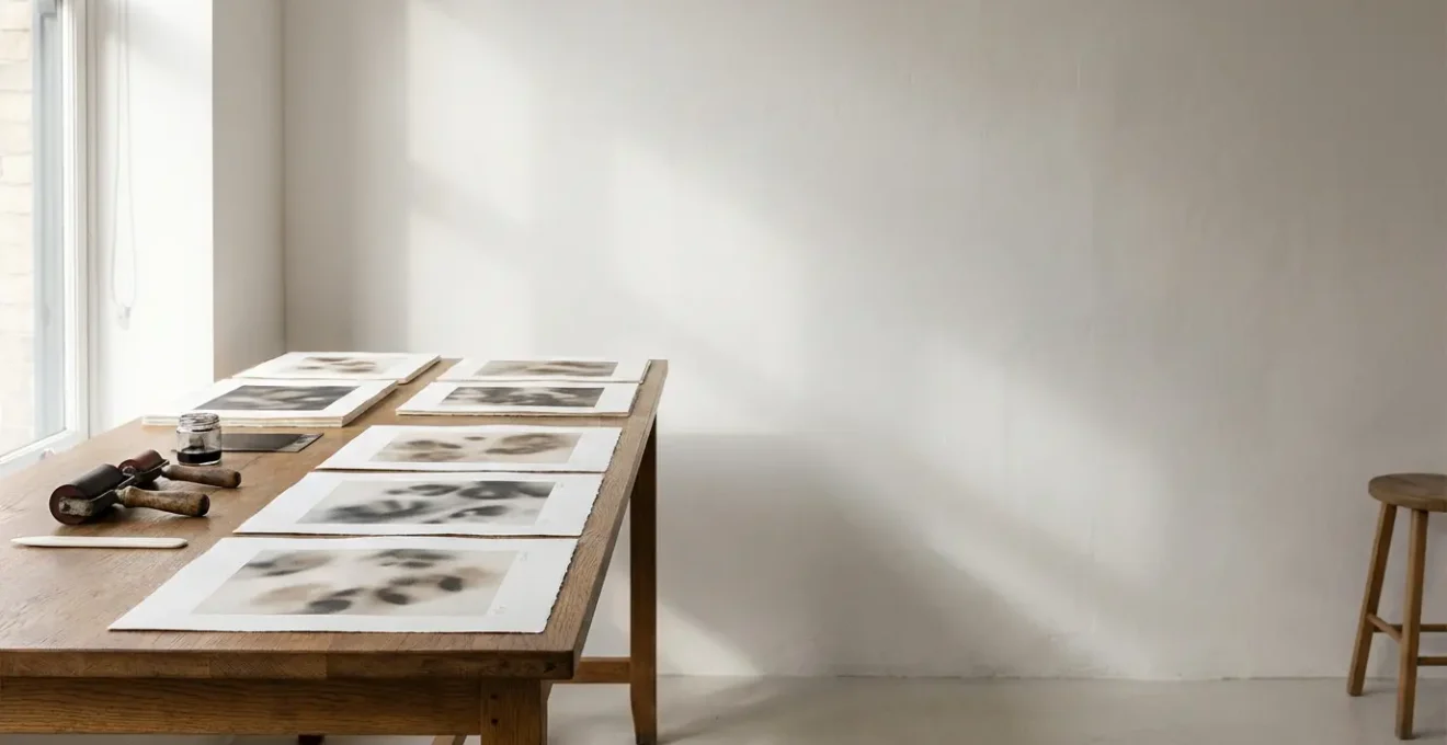 Artist workspace showing limited edition prints being numbered and signed with gallery pricing displays