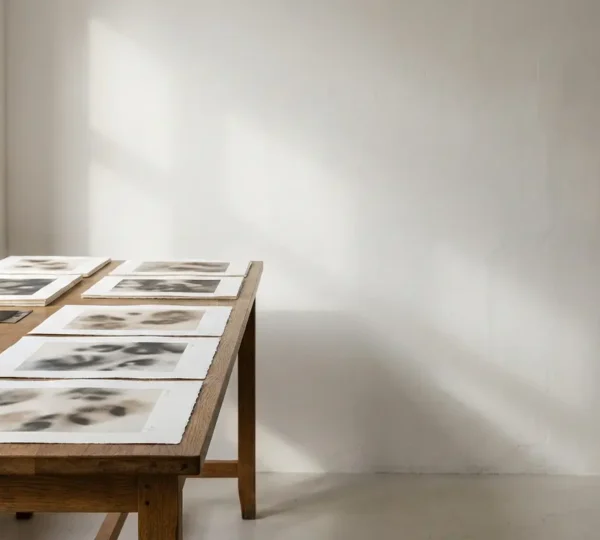 Artist workspace showing limited edition prints being numbered and signed with gallery pricing displays