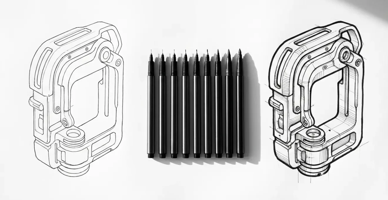 Split-screen comparison showing the same product sketch with and without hierarchical line weights applied